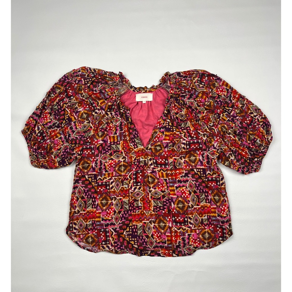 Xirena Lucia Top Sleeve Blouse Women's XS Red Kaleidoscope Boho V-Neck
